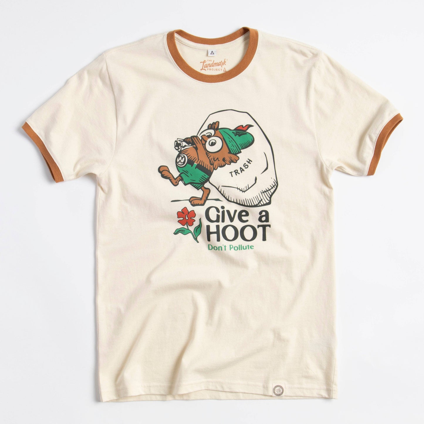 Give a Hoot, Don't Pollute Unisex Short Sleeve Ringer Tee: Honeycomb/Canyon