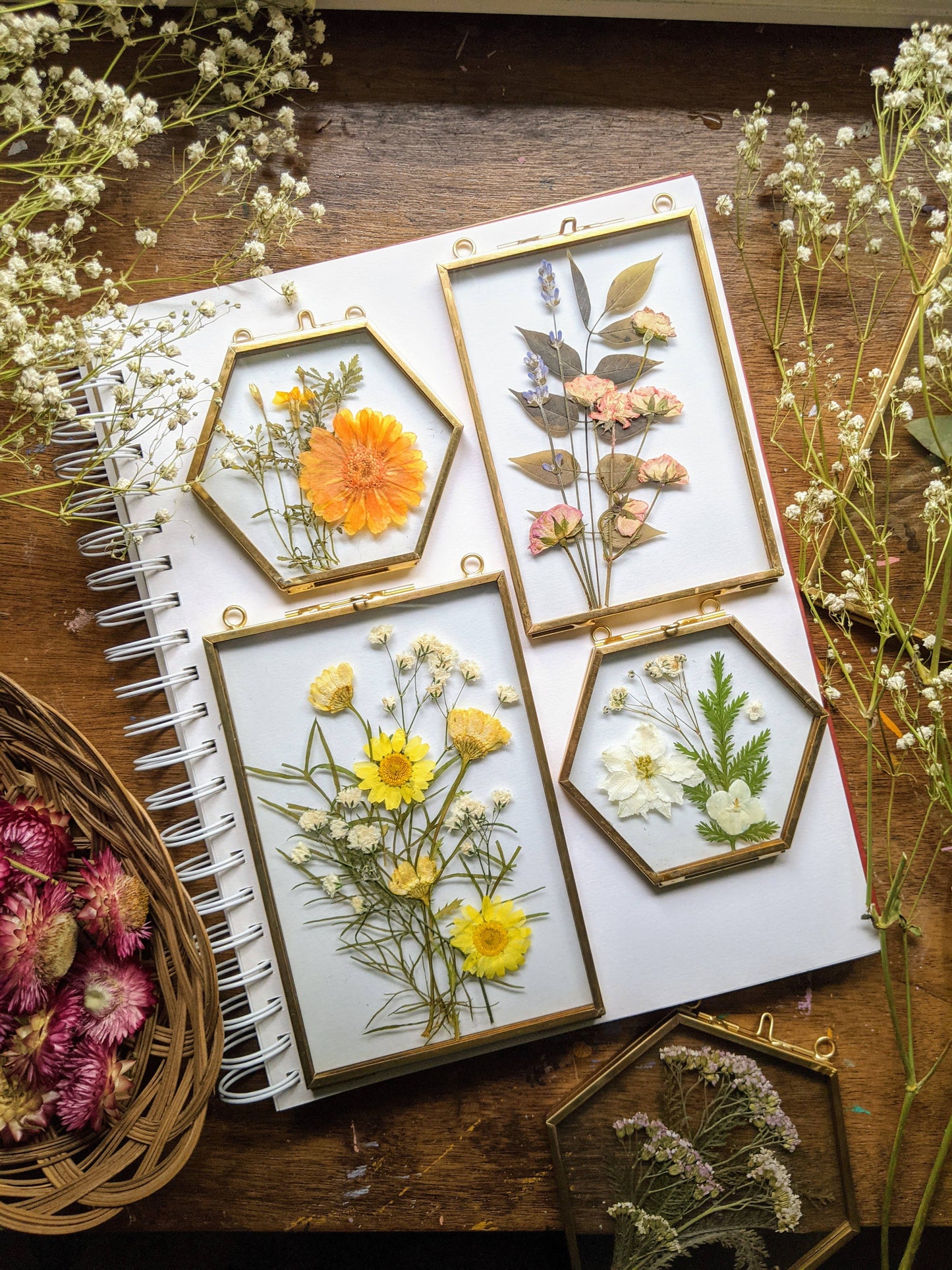 Pressed Flowers in Antique Brass Frame